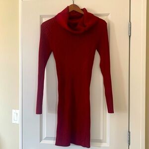 Dark Red Ribbed Knee-Length Sweater Dress
